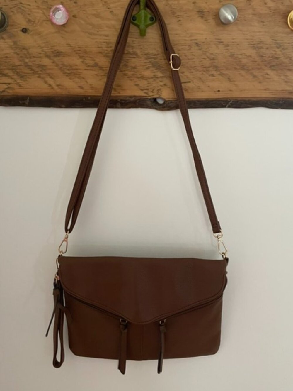 Brown Vegan Leather Crossbody Bag with Wristlet Strap